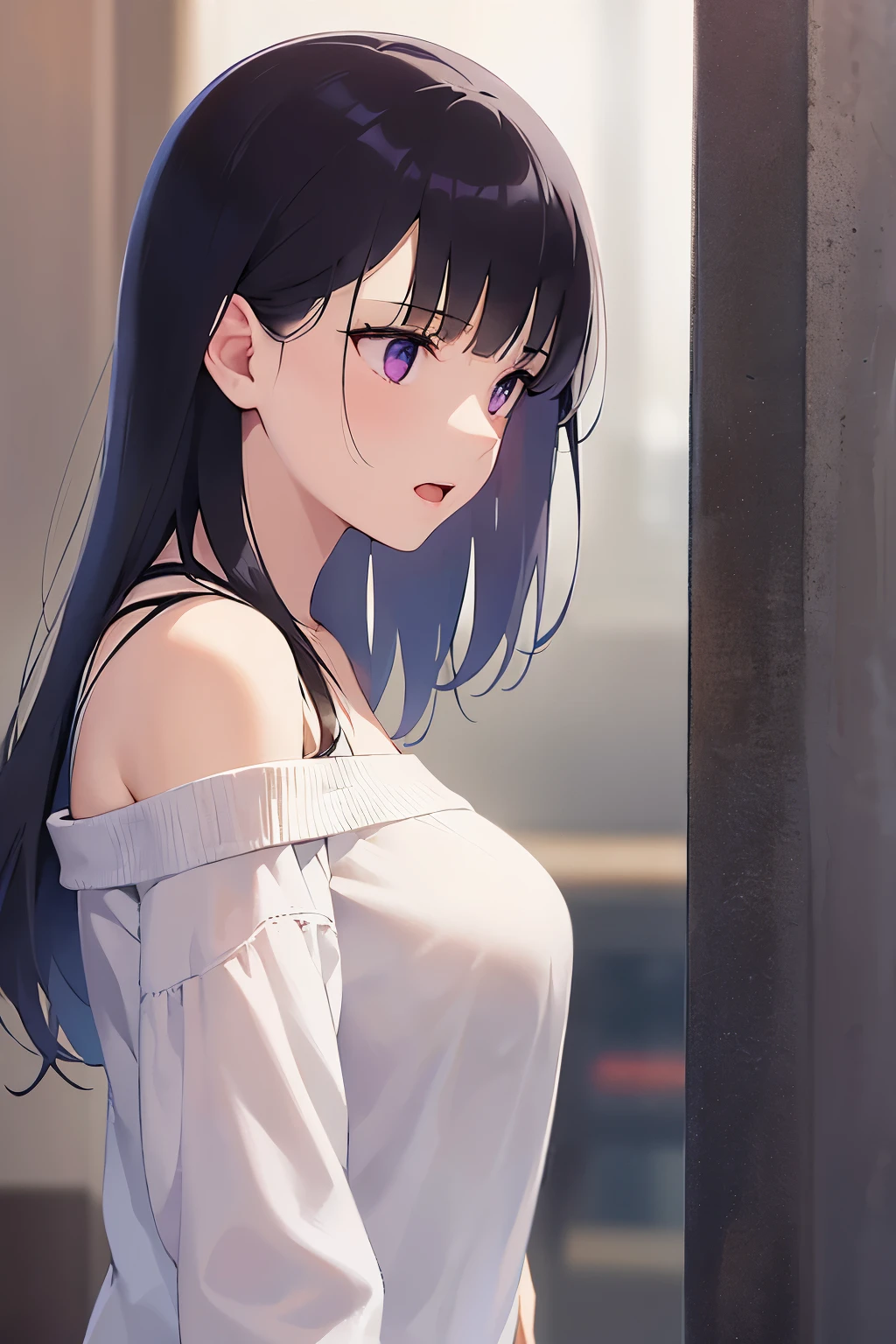 big breasts, (looking away:1.5), side angle, surprised, open mouth, Upper Body, Realistic, real person, (pale skin: 1.2), shiny skin, shiny hair、(A 30-year-old woman with straight hair and bangs) and (medium hair) and (black hair) and (purple eyes) , (white:1.5) and (Off-the-shoulder blouse) and (long sleeve)、Are standing、The background is outside、Alone、