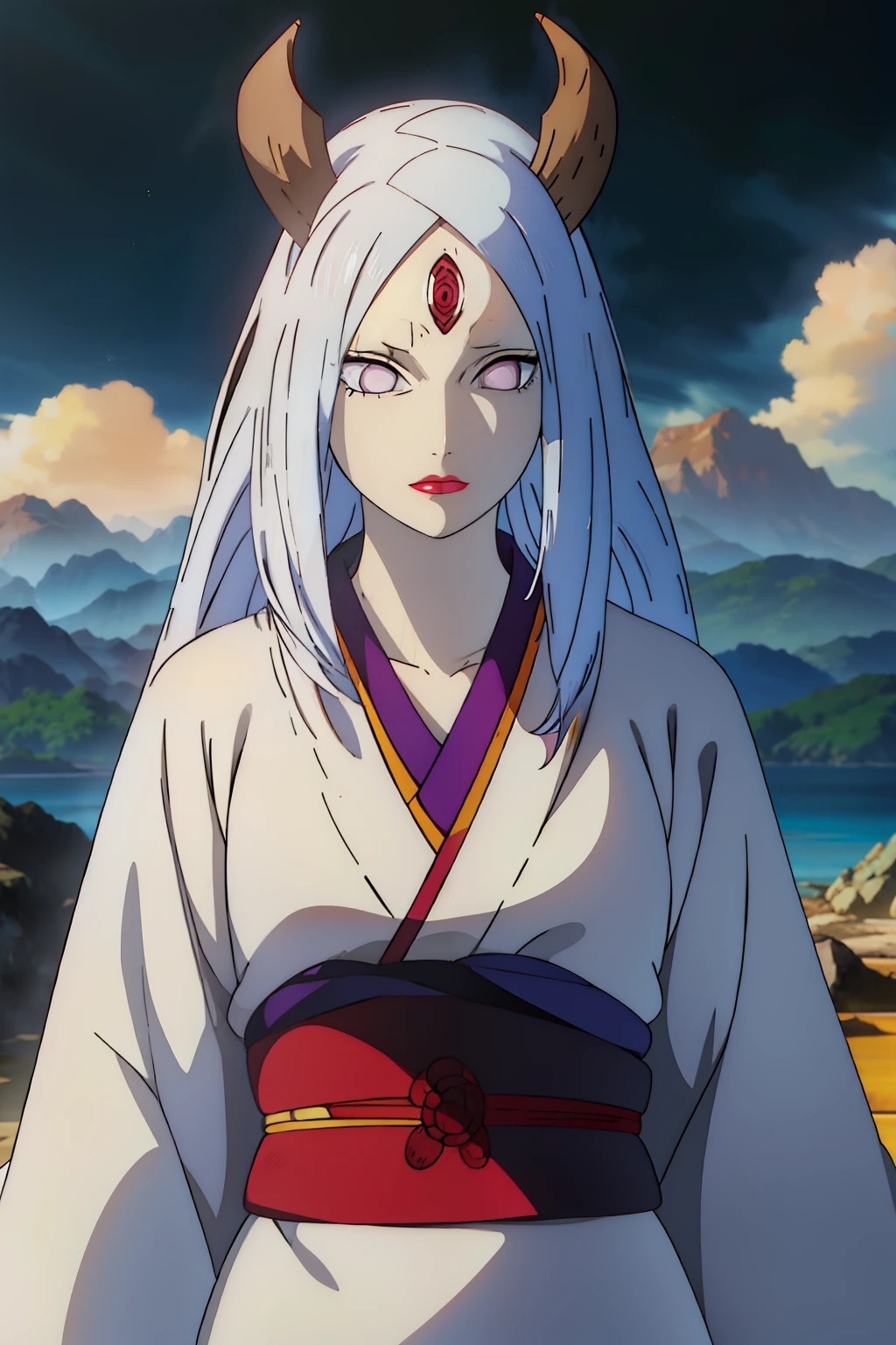 Kaguya otsutsuki. A woman standing in the hills. With a lake behind it. He appeared to be wearing a plain silver kimono. With the obi red kimono. She had silver hair. Straight up. Unraveling. No strings attached. With one pair of horns in brown. He has such pale skin. With tiny lips that were so red. He looked into the camera. So pretty and realistic