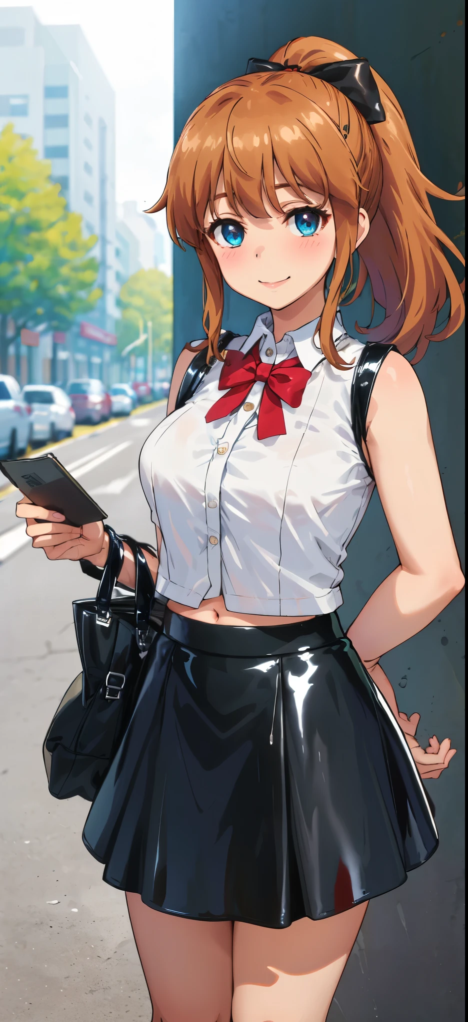 best quality, (masterpiece:1.2), highly detailed, standing, street,
1girl, solo, akatsuki minami,
looking at the viewer, closed mouth, smile, slight blush,
blue eyes, brown hair, ponytail, hair bow, sleeveless, (((dominant girl, latex skirt,  latex shirt ))), navel 