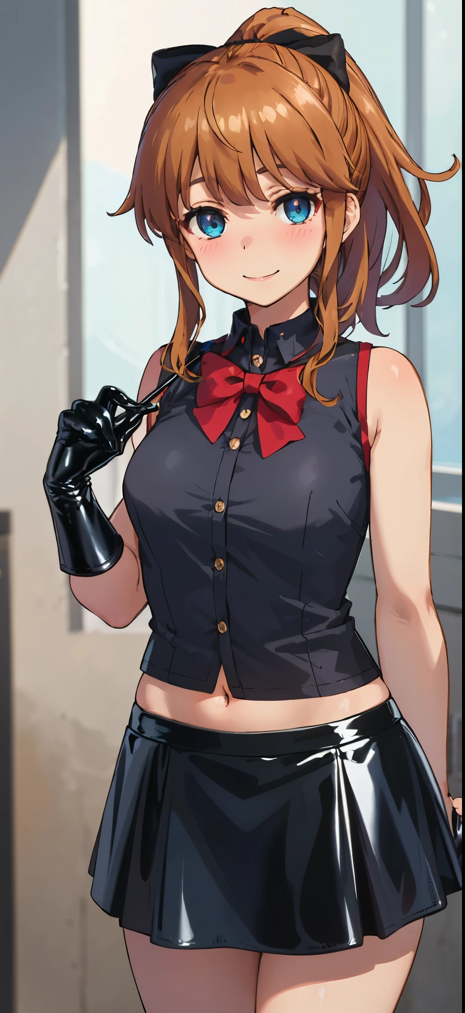 best quality, (masterpiece:1.2), highly detailed, standing, street,
1girl, solo, akatsuki minami,
looking at the viewer, closed mouth, smile, slight blush,
blue eyes, brown hair, ponytail, hair bow, sleeveless, (((dominant girl, latex skirt,  latex shirt ))), navel 