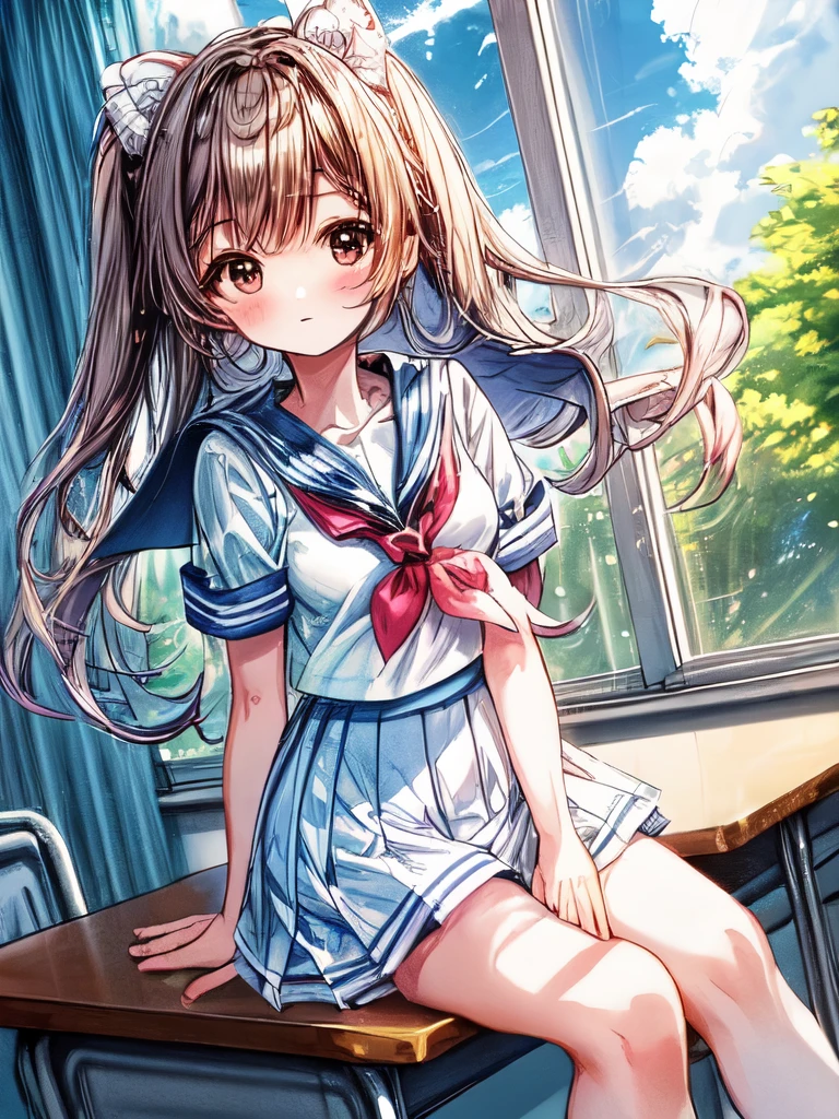 Create an image of a sitting girl, sailor suit, classroom, The image should capture the essence of summer, The girl should be in a typical summer pose, with a high-contrast effect and a subtle glow. The upper part of the screen should have a darker tone, gradually transitioning into a brighter tone towards the bottom.A beautiful scene of fluffy cumulus clouds entering through the window in the background.