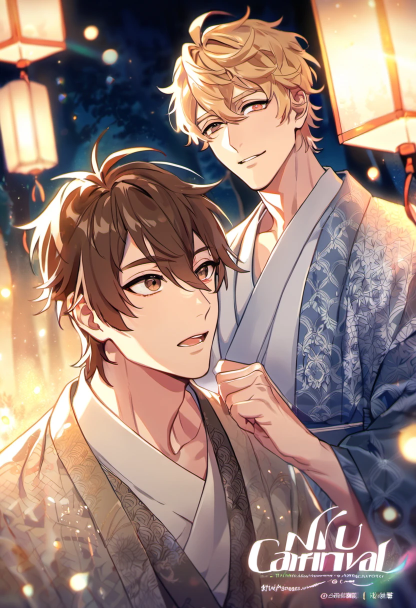 absurdres, highres, ultra detailed, HDR, master piece, best quality, perfect face, beautiful eyes, delicate features, Quincy, blond messy hair, expressive amber eyes, Nu Carnival, Eiden, brown hair, expressive brown eyes, two men together, gay couple, handsome, kimono, haori, patterns, forest, moon, fireflies, shining lights, floating lanterns in the sky