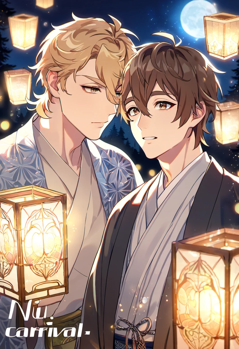 absurdres, highres, ultra detailed, HDR, master piece, best quality, perfect face, beautiful eyes, delicate features, Quincy, blond messy hair, expressive amber eyes, Nu Carnival, Eiden, brown hair, expressive brown eyes, two men together, gay couple, handsome, kimono, haori, patterns, forest, moon, fireflies, shining lights, floating lanterns in the sky