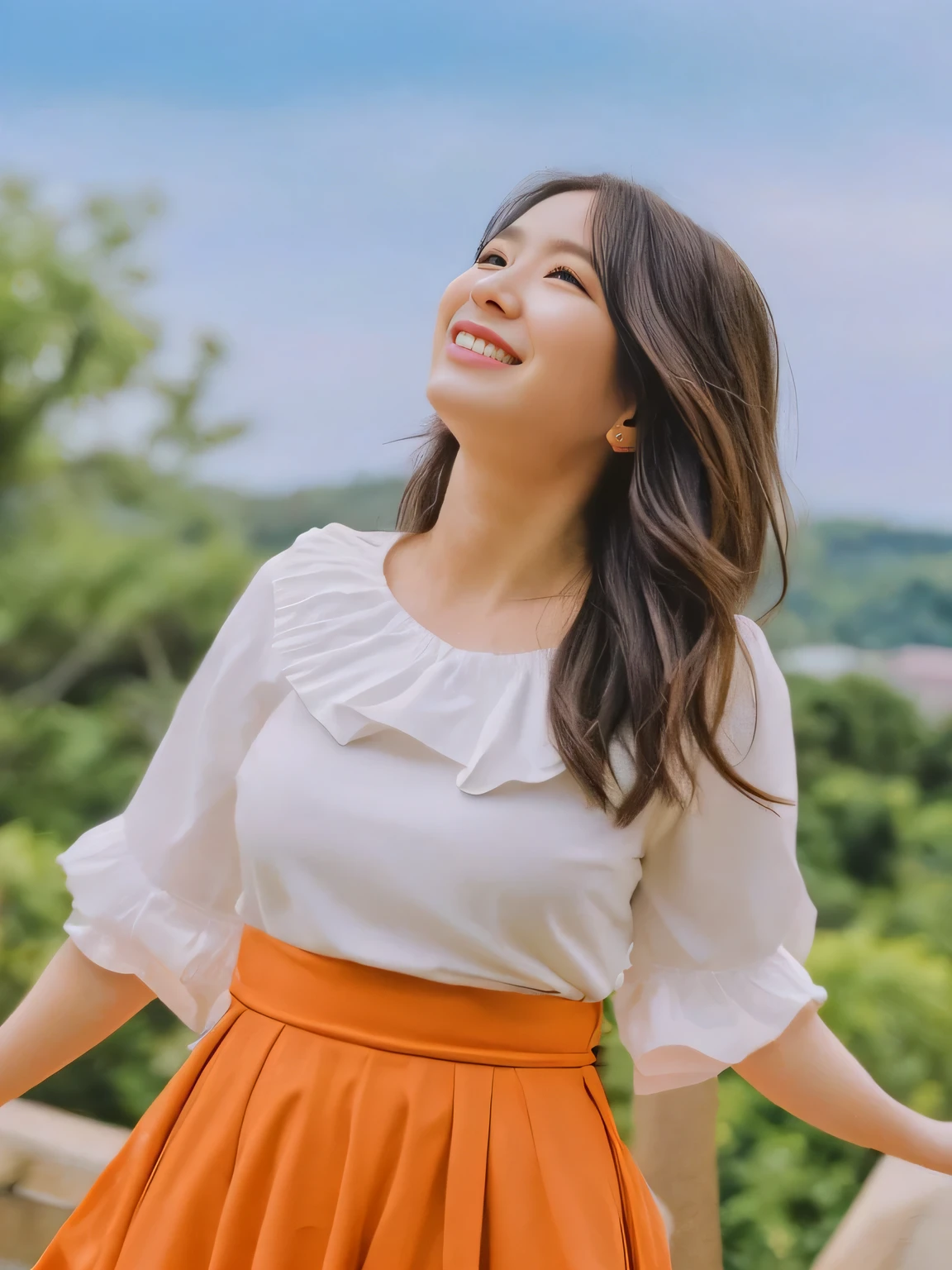 Japanese Beautiful woman smile Beauty Large Breasts Gazing into the distance Full body photography Beautiful face Standing looking up at the sky Long Hair Orange ruffle skirt White blouse