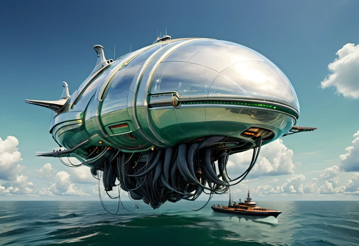 A high-tech fantastic Floating very complex ship from the future on the dark undulating waters of an unknown sea, (Floating on water):1.405, a high-tech fantastic sophisticated ship is shown in detail, sailing on the sea, fantastic and beautiful view around, white clouds, (green sun):1.3, high quality, high resolution, masterwork, masterpiece, clear, 32k, cartoon style, pixar