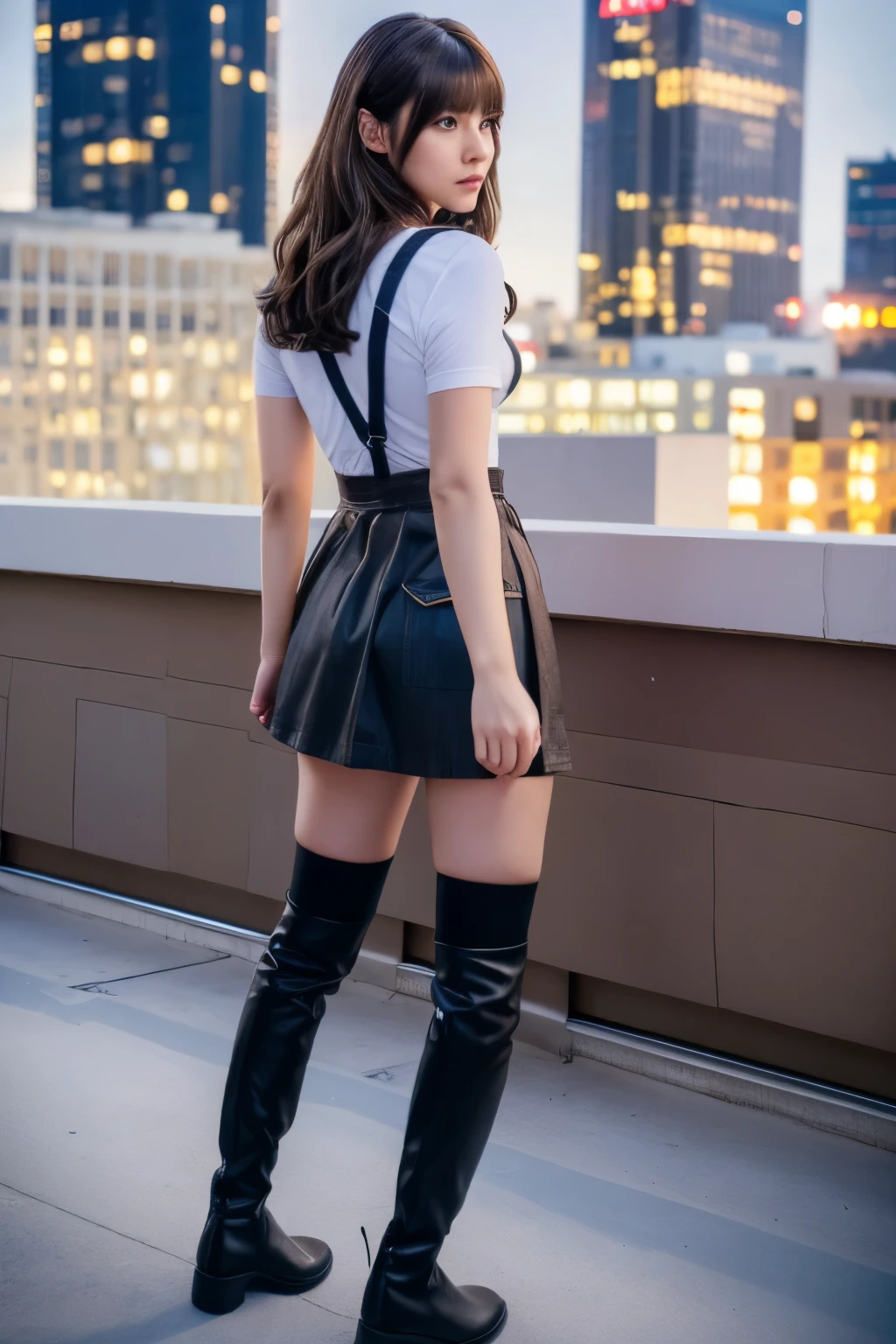 ((Midnight, highest quality, 8k, masterpiece :1.3)), whole body, Long legs, Sharp focus :1.2, Beautiful woman with perfect figure :1.4, Slim Abs :1.1, ((Dark brown hair, Big Breasts :1.2)), (White tight T-shirt, Jean Bib, Are standing:1.2), ((Night city view, rooftop:1.3)), Very detailedな顔と肌の質感, Fine grain, Double eyelids one girl,highest quality,masterpiece,figure,Very delicate and beautiful,CG,Unity,8k wallpaper,wonderful,In detail,masterpiece,Official Art,Very detailed CG Unity 8k wallpaper,Incredibly absurd,Large file size,Very detailedな,High resolution,Very detailed,Beautiful detailed girl,Realistic,from the front,Outdoor,　suspenders　　　Large swollen breasts　　 　 　　　　Black mini skirt　garter belt　Knee-high socks　　　　　　　bangs 　　　　　Beauty　　Hands up　　 　　Black boots 　　　　one person 　　　Dress shirt　　　Hands Behind Back　put your hands behind your back　　With your hands behind your back　Armament　holster　　A room at the Belt Hotel　Bed　Wall side　