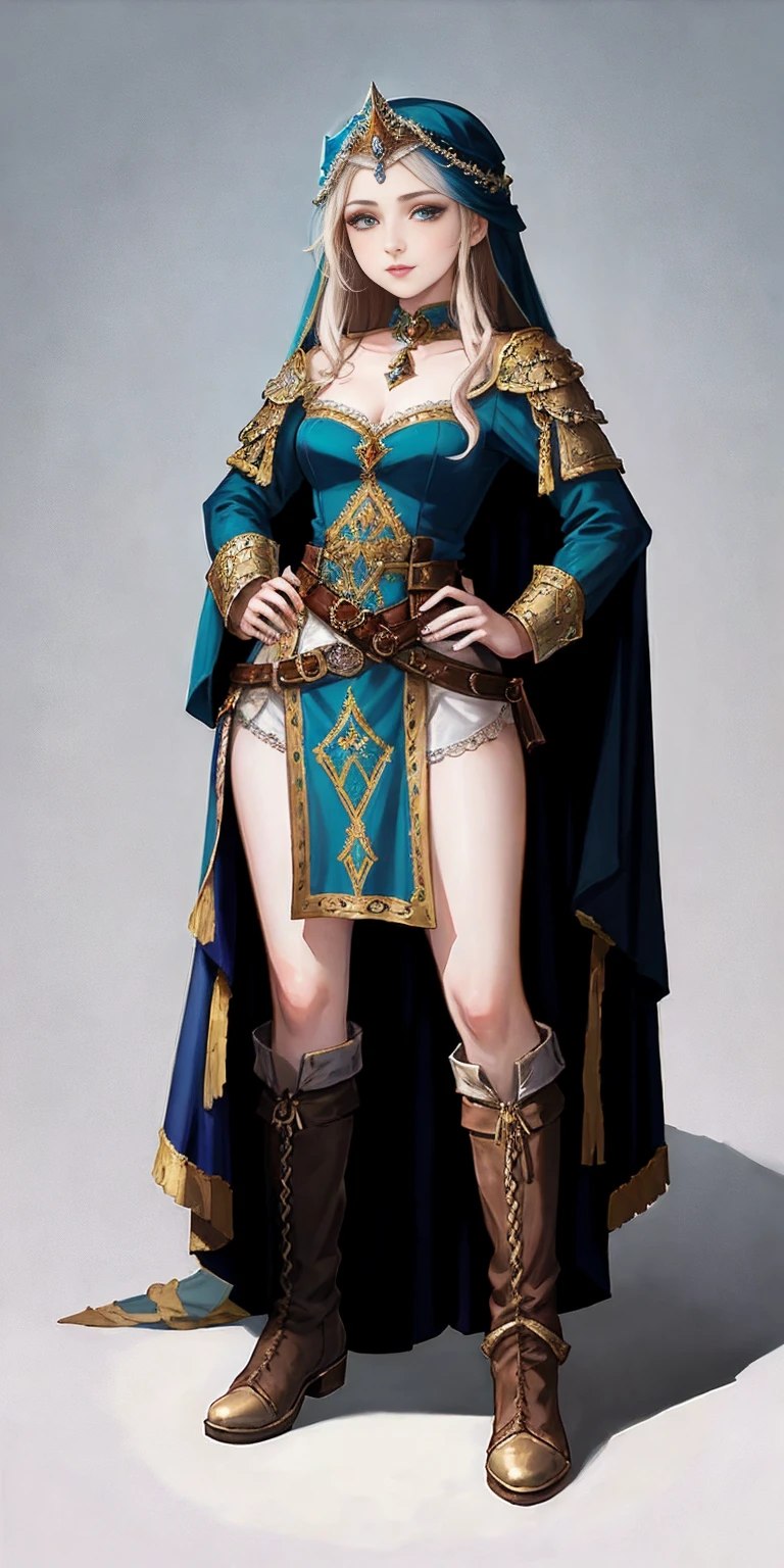 full body of a woman in a dress with a veil, feet together, standing feet together, militar boots, beautiful fantasy maiden slave warrior, beautiful fantasy art portrait, fantasy victorian art, medieval fantasy art, beautiful and elegant queen Roxxane, portrait of queen of light, fantasy portrait art, gothic fantasy art, a beautiful fantasy empress, ((white background)) hands on hips