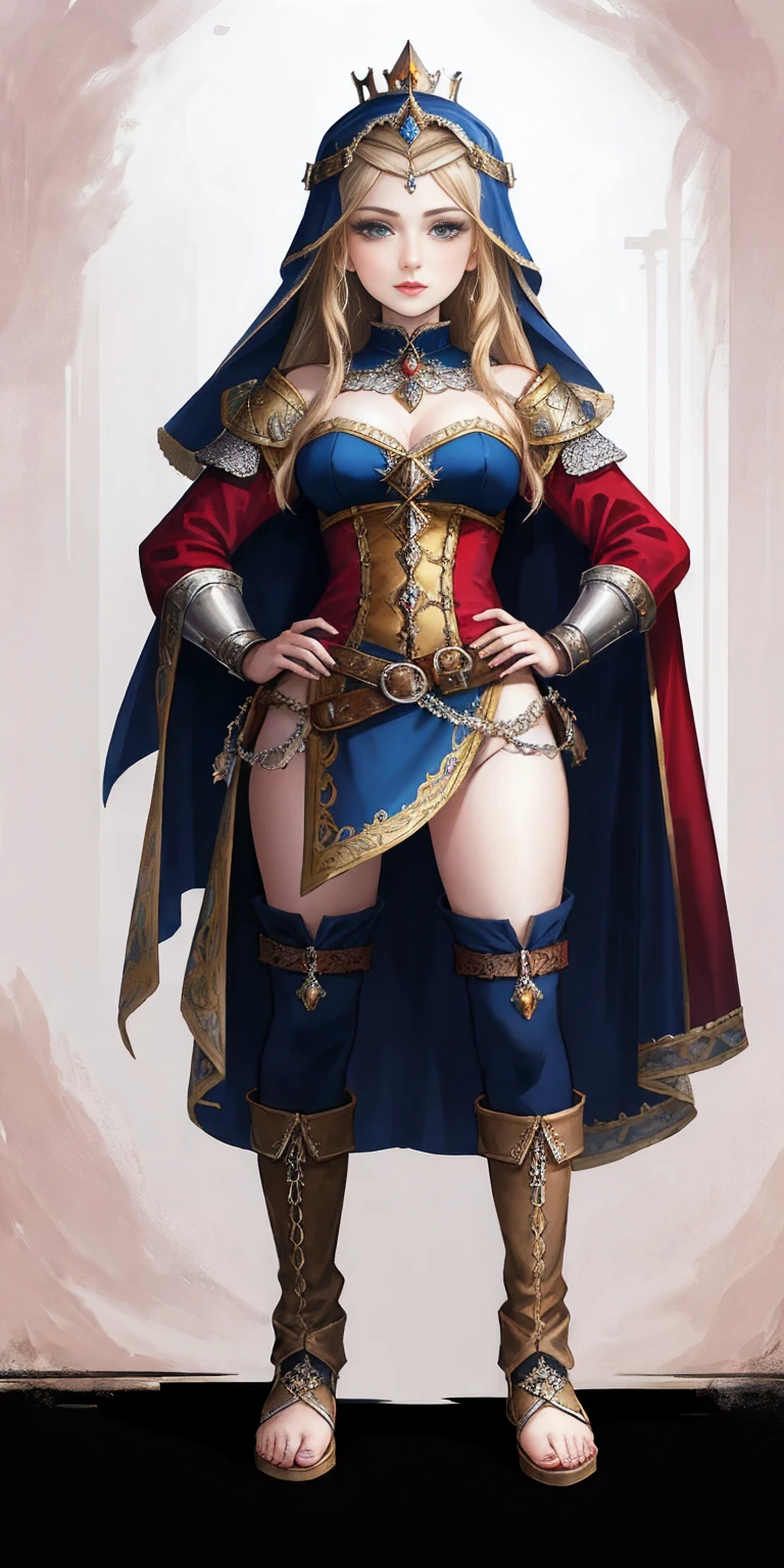 full body of a woman in a dress with a veil, feet together, standing feet together, militar boots, beautiful fantasy maiden slave warrior, beautiful fantasy art portrait, fantasy victorian art, medieval fantasy art, beautiful and elegant queen Roxxane, portrait of queen of light, fantasy portrait art, gothic fantasy art, a beautiful fantasy empress, ((white background)) hands on hips