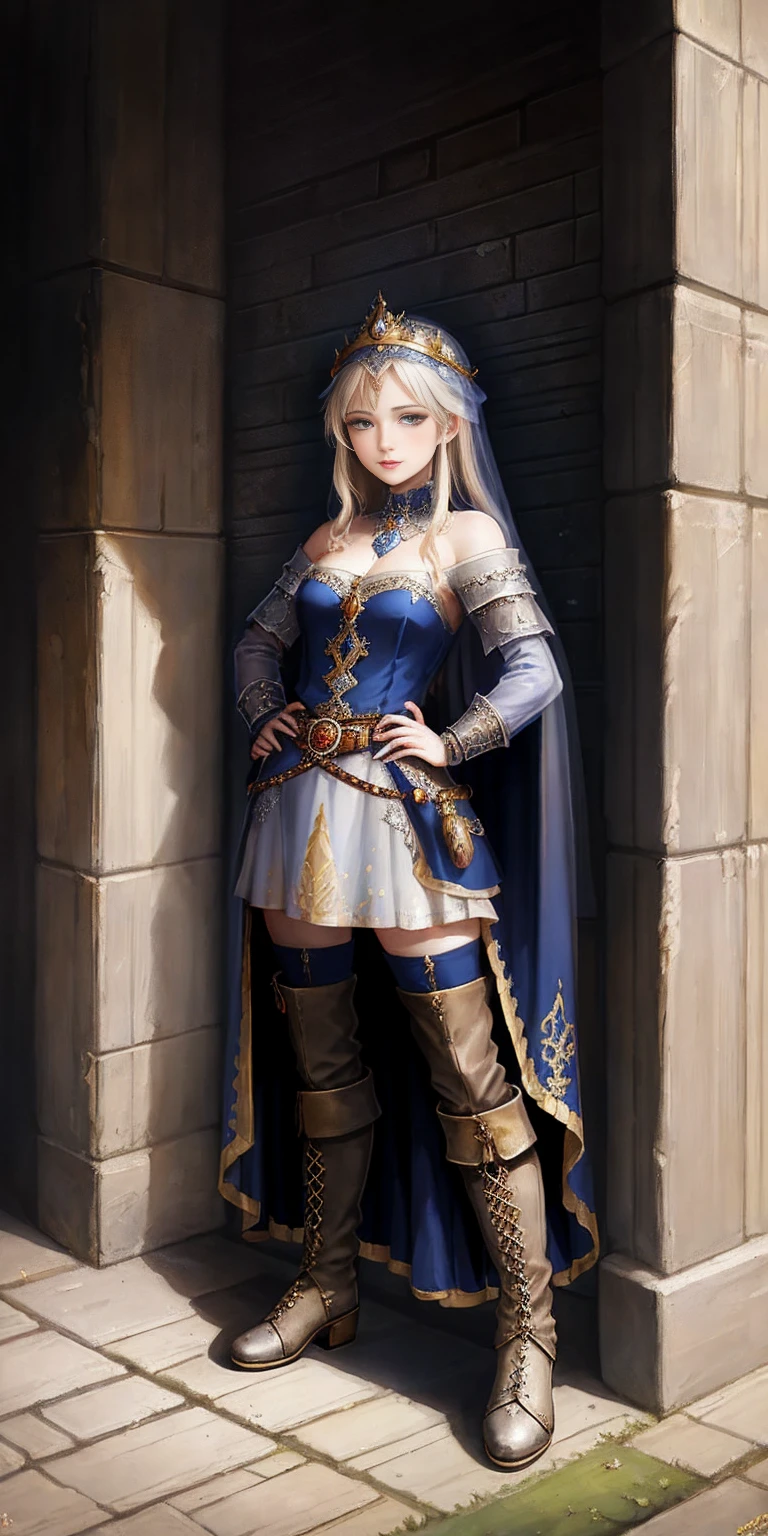 full body of a woman in a dress with a veil, feet together, standing feet together, militar boots, beautiful fantasy maiden slave warrior, beautiful fantasy art portrait, fantasy victorian art, medieval fantasy art, beautiful and elegant queen Roxxane, portrait of queen of light, fantasy portrait art, gothic fantasy art, a beautiful fantasy empress, ((white background)) hands on hips