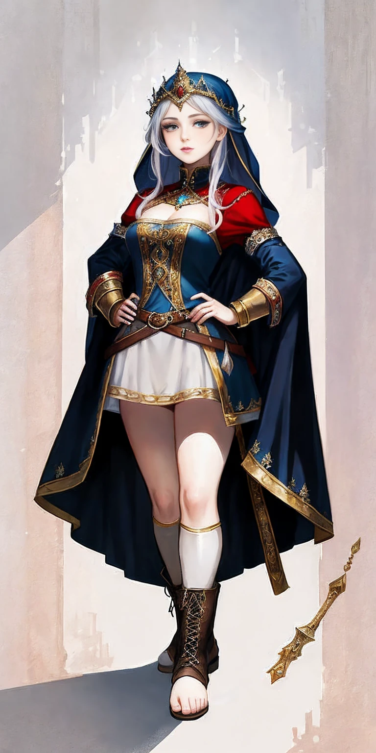 full body of a woman in a dress with a veil, feet together, standing feet together, militar boots, beautiful fantasy maiden slave warrior, beautiful fantasy art portrait, fantasy victorian art, medieval fantasy art, beautiful and elegant queen Roxxane, portrait of queen of light, fantasy portrait art, gothic fantasy art, a beautiful fantasy empress, ((white background)) hands on hips