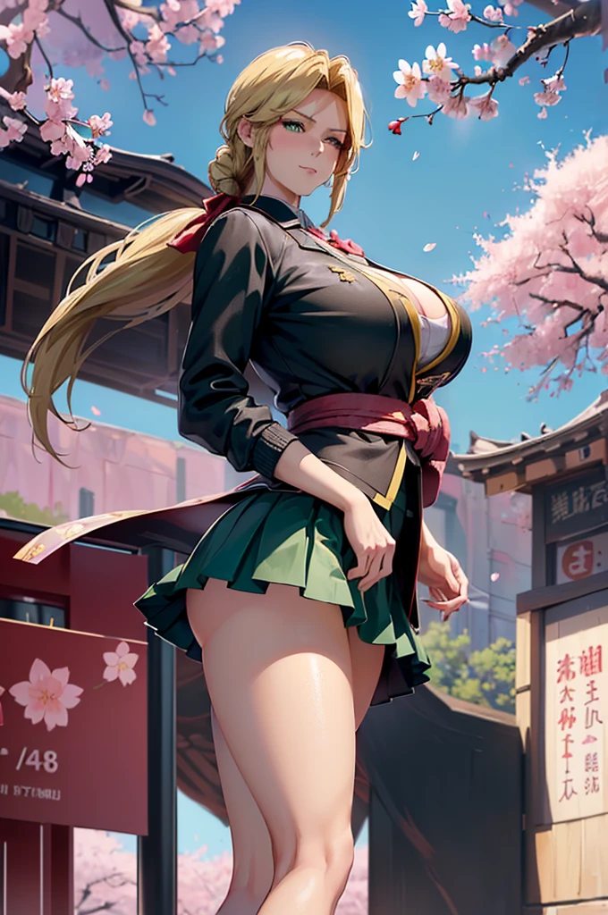 8K(A sloppy smile)((woman,Huge , (Huge breasts:1.３),とても唇が赤いHuge breastsを強調,Big Ass,Narrow waist,Long legs,Green Eyes立っている)) 8k((((Anime Style),(The facial expression is good:1.1))))8k(((((Anime Style)Green Eyes)))) 8k((Standing at the station))8k((Waiting for a train at the station))8k((Morning))8k((Beauty))((学生blazer15歳学生服 緑のネクタイ, blazer, Pleated skirt))8k(((((spring,cherry blossoms,The wind is blowing,Her skirt is flipped up,cherry blossomsが散っている:1.1)))))8K((((handing over a love letter))))