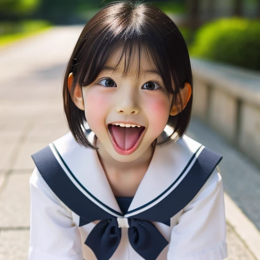 Japanese,,Short Bob,look up,Please open your mouth wide,Sticking out tongue,Showing tongue,cute,Summer sailor uniform,Please sit on the ground