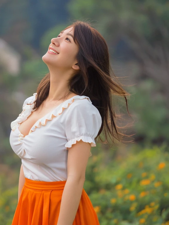 Japanese　Beautiful woman　smile　Beauty　Large Breasts　　Gazing into the distance　Full body photography　Beautiful face　　Standing looking up at the sky　Long Hair　　Orange ruffle skirt　White blouse