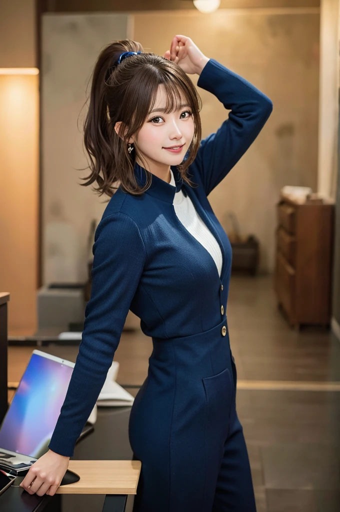 brown hair, hair over shoulder, ponytail, grin, blush, Surrealism, Hyperrealism, Verism, wide shot, UHD, masterpiece, ccurate, anatomically correct, textured skin, super detail, high details, high quality, highres, 1080P, HD, 8k