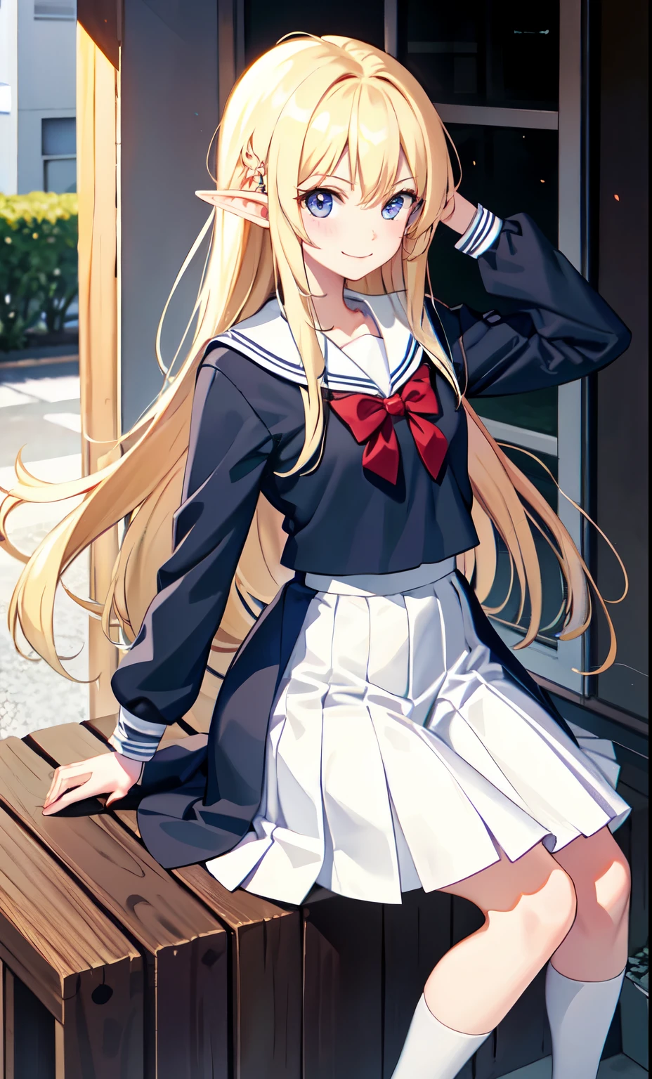 girl、smile、Elf、As Adult、high school student、uniform、Serafuku、(Small breasts)、