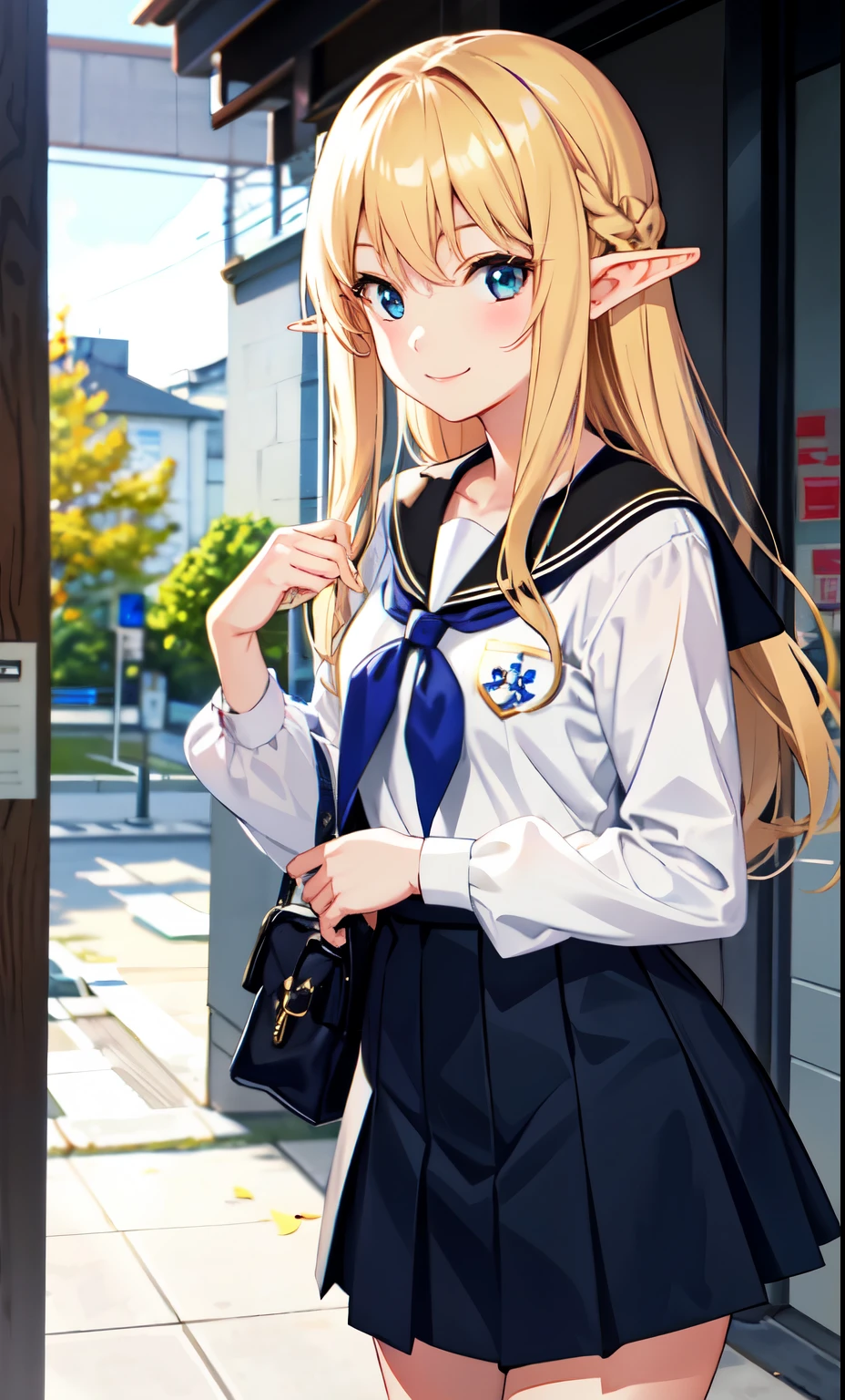 girl、smile、Elf、As Adult、high school student、uniform、Serafuku、(Small breasts)、
