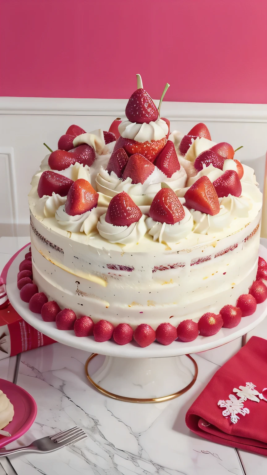 a cake with santa bakery brand. the brand target is teenagers. color of the brand is fuchsia, yellow and with combine. make it UHD with food photograph concept