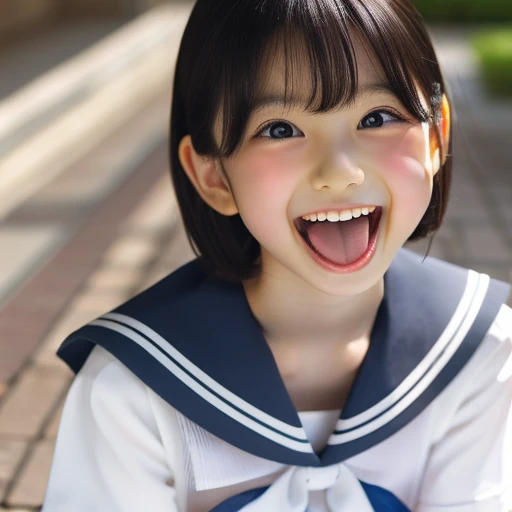 Japanese,10 years old,Short Bob,look up,Please open your mouth wide,Sticking out tongue,Showing tongue,cute,Summer sailor uniform,Please sit on the ground