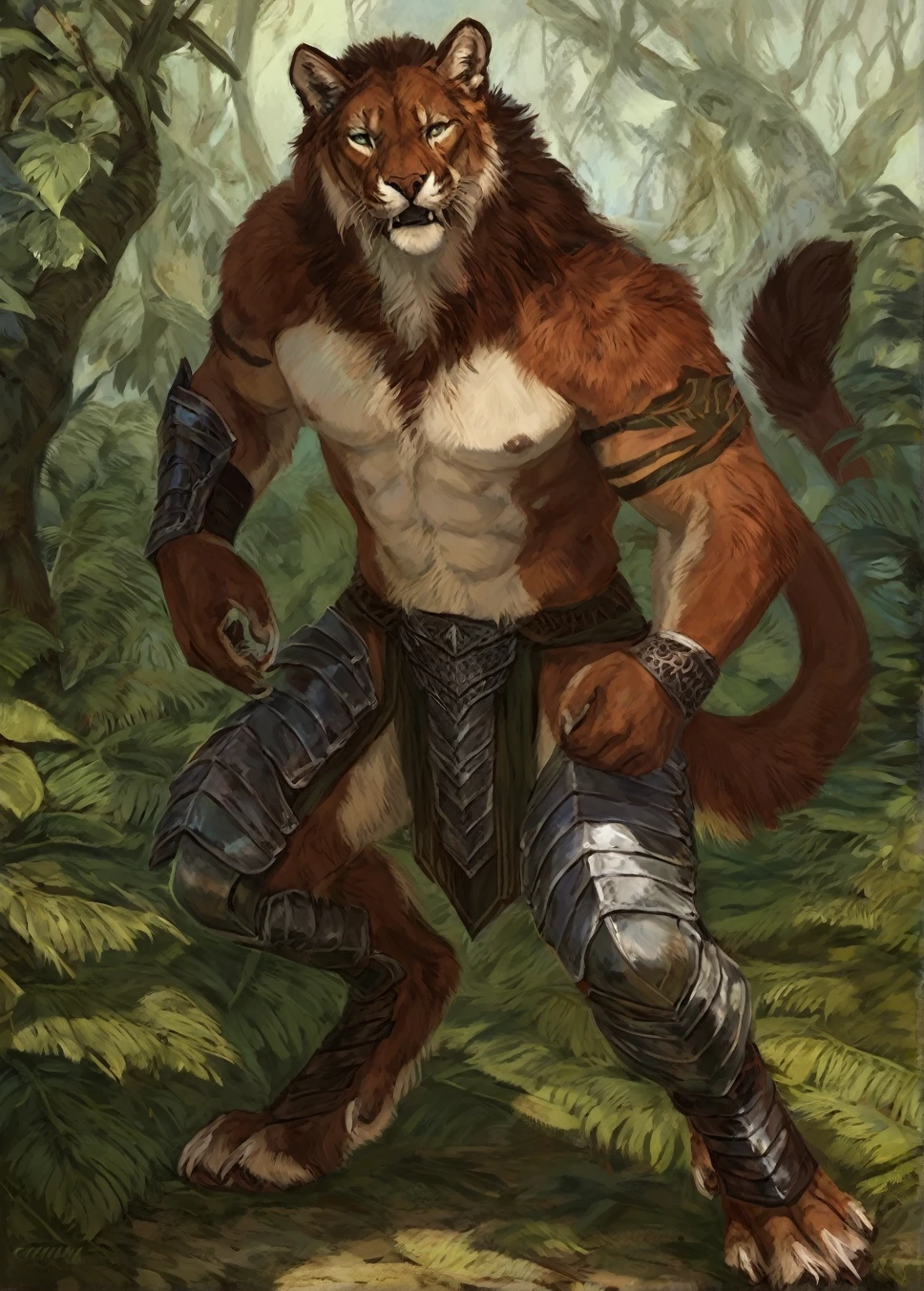 Smilodon, comic book style, illustration, solo, abs, ferocious, male, [[badass pose]], nipples, masterpiece, best art, full body, by oouna, armor, detailed eyes, detailed fur, claws, detailed tail, masculine body shape, prehistoric, tall, topless, muscular