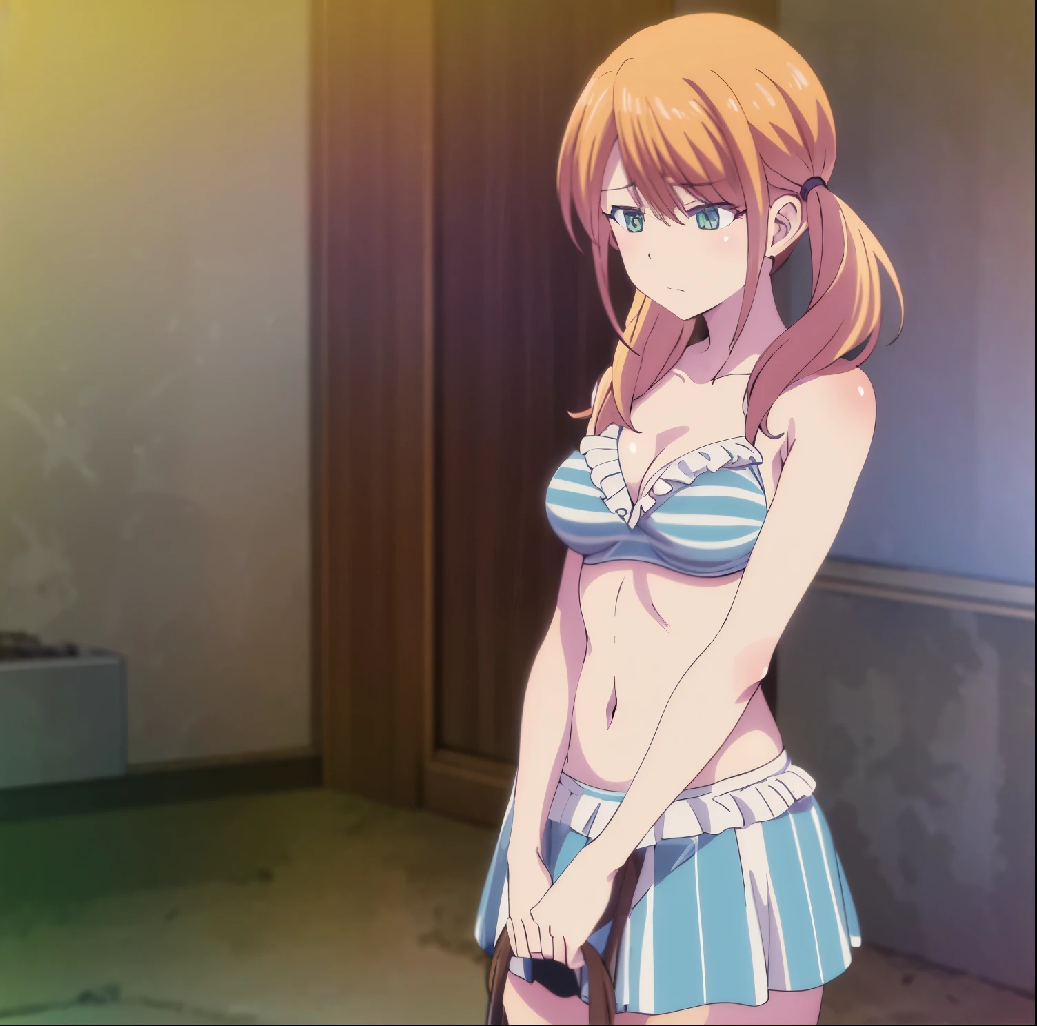 , tsukishima riho, 1girl, alone, long hair, skirt, orange hair, hair ornament, navel, cleavage, hair between eyes, bare shoulders, twintails, medium breasts, closed mouth, green eyes, collarbone, swimsuit, flower, bikini, outdoors, frills, striped, shiny, hair flower, shiny hair, arms behind back, bikini top only, frilled bikini, striped bikini, bench, perfect hands, perfect anatomy 