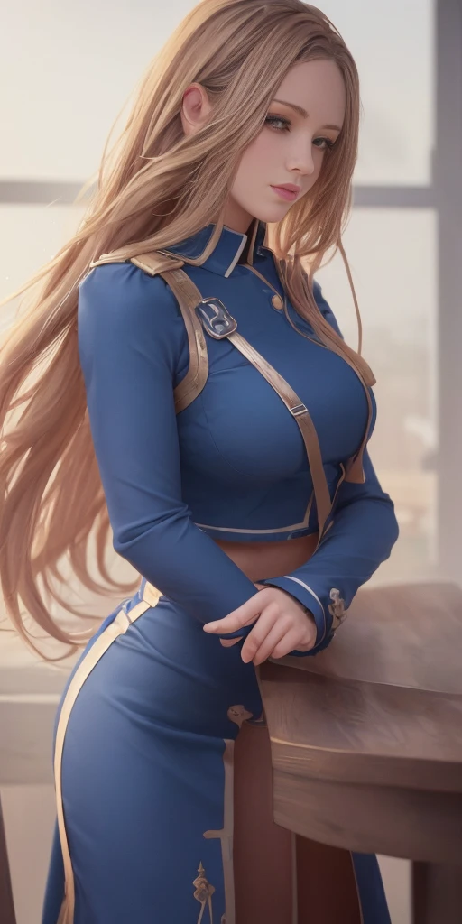 upper body, woman, olivier_mira_armstrong, blue uniform, highres, sharp focus, pixiv masterpiece, ((intricate details)), highly detailed, beautiful fantasy maiden slave warrior,