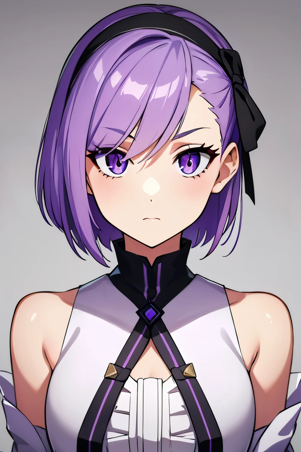 (high-quality, breathtaking),(expressive eyes, perfect face) 1girl, female, solo, , Vibrant lavender color hair, purple eye color, spiky fluffy hair, short hair length, Symmetrical Eyes, portrait, neutral expression, grey background, headband with ribbons, fantasy clothing, black shirt, narrow eyes, feminine face, warrior, female fighter, sidecut hairstyle
