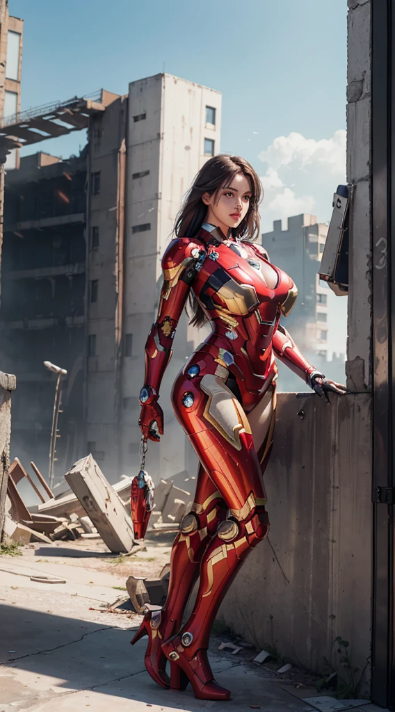 primitive, Masterpiece, ultra fine photos,, Best quality, Ultra-high resolution, Photorealistic, Sunlight, Full body portrait, stunningly beautiful,, dynamicposes, Delicate face, Vibrant eyes, (Side view) , she wears a futuristic Iron Man mecha, Red and gold color scheme, Highly detailed abandoned warehouse background, Detailed face, Detailed and complex busy background, Messy, Gorgeous, Milky white, Sexy design, highdetailskin, Realistic skin details, Visible pores , Sharp focus, volume fog, 8K  UHD, SLR camera, High quality, filmgrain, Fair skin, Photorealism, DL, sprawling metropolis in futuristic dystopia, View from below, Translucent, (chubby:1.2), (huge breasts:1.2),