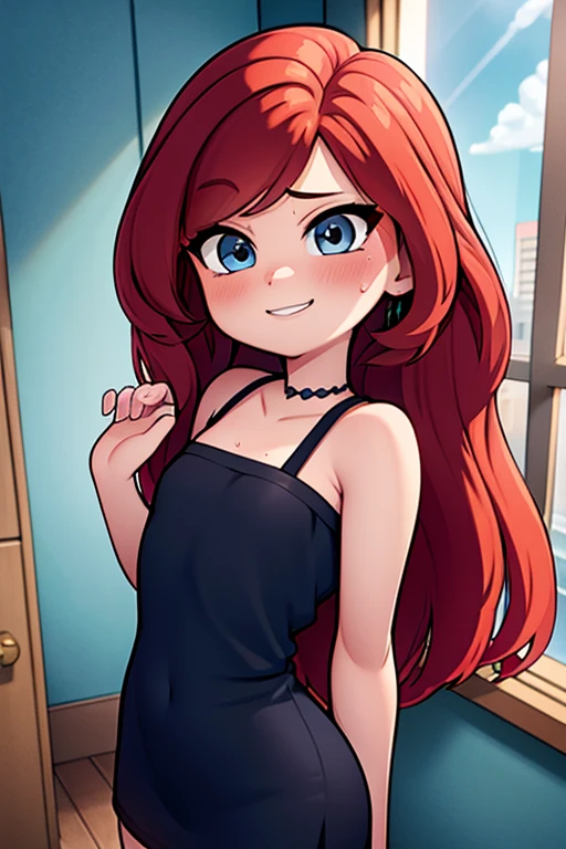 ruby 1 girl, age, Long Red hair, Medium Hair, Blue eyes, curvy body, black sexy short bodycon dress, strapless , sleeveless, cleavage, bare shoulders, sweaty, blushing, standing, looking at viewer, Smile, room, indoor, window, sunset skies, masterpiece, High quality. 2D illustration, 2D flat, Masterpiece, close up, 8K, HDR, portrait,