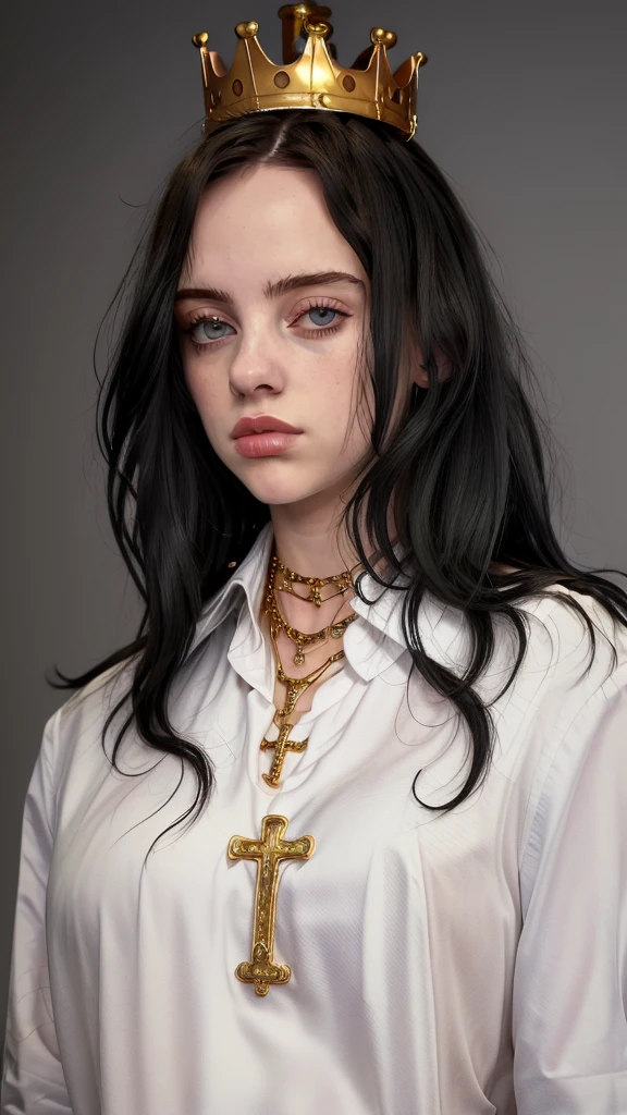 gquality, 1girl. solo. long hair. looking at viewer. shirt. black hair. jewelry. closed mouth. white shirt. upper body. collared shirt. necklace. Crown. Gold crown. cross. realistic. cross necklace