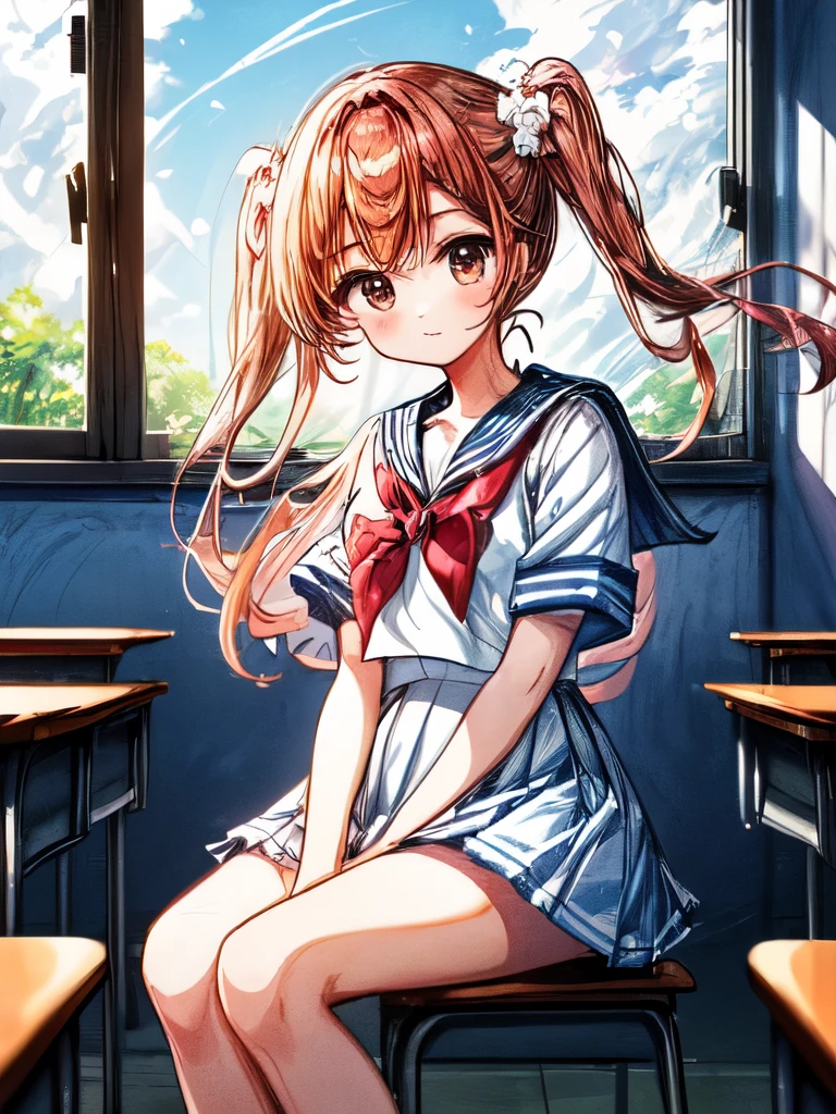 Create an image of a sitting girl, sailor suit, classroom, The image should capture the essence of summer, The girl should be in a typical summer pose, with a high-contrast effect and a subtle glow. The upper part of the screen should have a darker tone, gradually transitioning into a brighter tone towards the bottom.A beautiful scene of fluffy cumulus clouds entering through the window in the background.