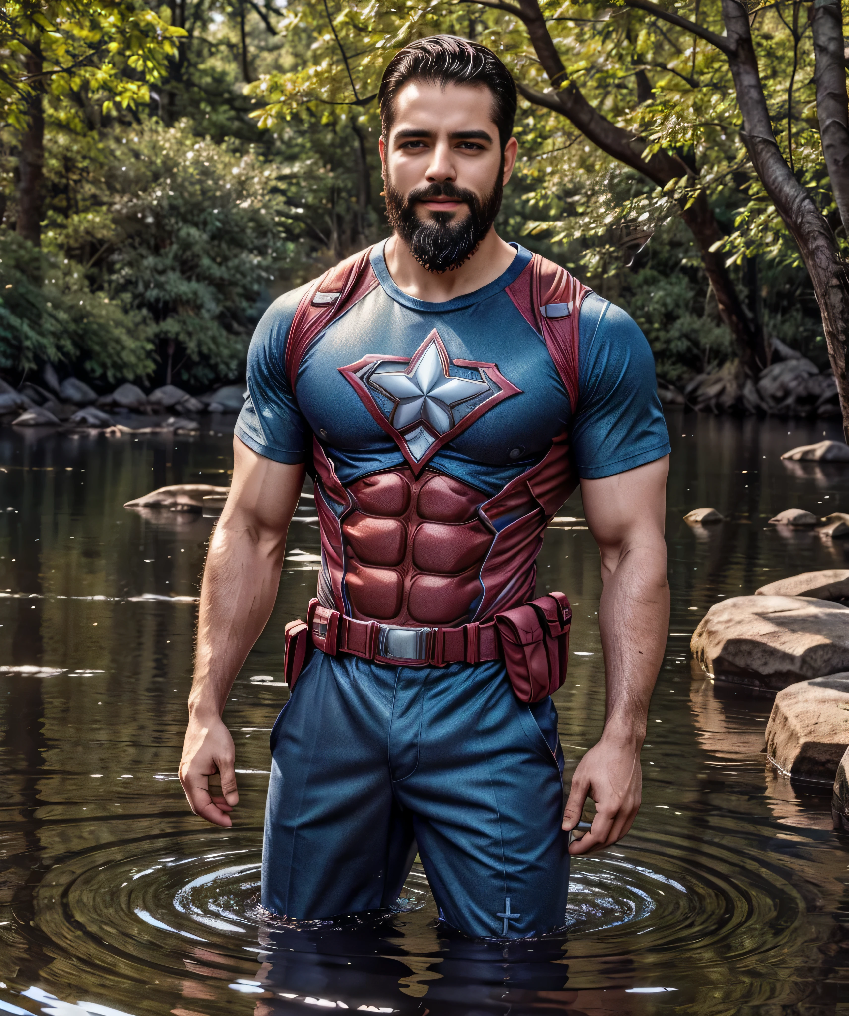 man in front of a serene lake, wearing a superhero shirt and sporting a beard. The man has captivating detailed eyes and a charming smile. The sunlight gently brushes against his face, casting a warm glow, while the water ripples delicately in the background. The surrounding landscape is lush and vibrant, with tall trees and colorful flowers. The man stands confidently with his hands on his hips, emanating strength and determination. The scene exudes a sense of tranquility and mystery. The artwork is rendered in a realistic and photorealistic style, with ultra-detailed features and vivid colors. The lighting is carefully crafted, creating a soft and dramatic ambiance. The overall composition is visually striking, capturing the viewer's attention and leaving a lasting impression.