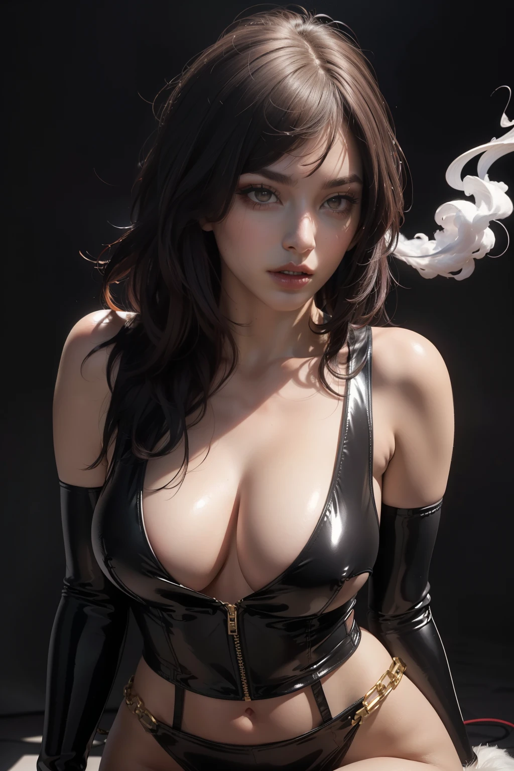 (best quality,4k,8k,highres,masterpiece:1.2),ultra-detailed,(realistic,photorealistic,photo-realistic:1.37),dressed in latex,covering her whole body,,playfull,seductive,21 year old,goddess of beauty,fit body,big ass,showing offr body in latex,latex suit,shiny,skin-tight,elegant,reflective surface,tightly wrapped,highlighting her curves,glossy texture,revealing,alluring,attractive,provocative,exuding confidence and power,latex corset,thigh-high boots,latex gloves,dark and moody lighting,contrasting shadows and highlights,sensuous poses,sultry gaze,presence,grace,sophistication,dark background,impeccable beauty,perfectly styled hair,adorned with accessories,explicit,dominant,arousing,istic,fantasy setting,golden chains and cuffs,bold makeup,smoky eyes,full lips,shimmering latex texture,rich colors,deep red and black,colorful neon lights in the background,smoke or mist tendrils swirling around her body,striking and powerful composition.