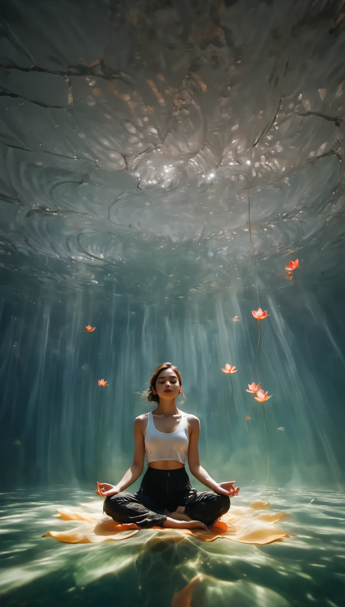 (bright colors),lotus pose,girl floating on air:2,(best quality:1.2),detailed portrait,serene background,gentle shadows,soft lighting,meditative atmosphere,delicate lines.minimalist Journey,girl floating on air:2,girl floating on air:2