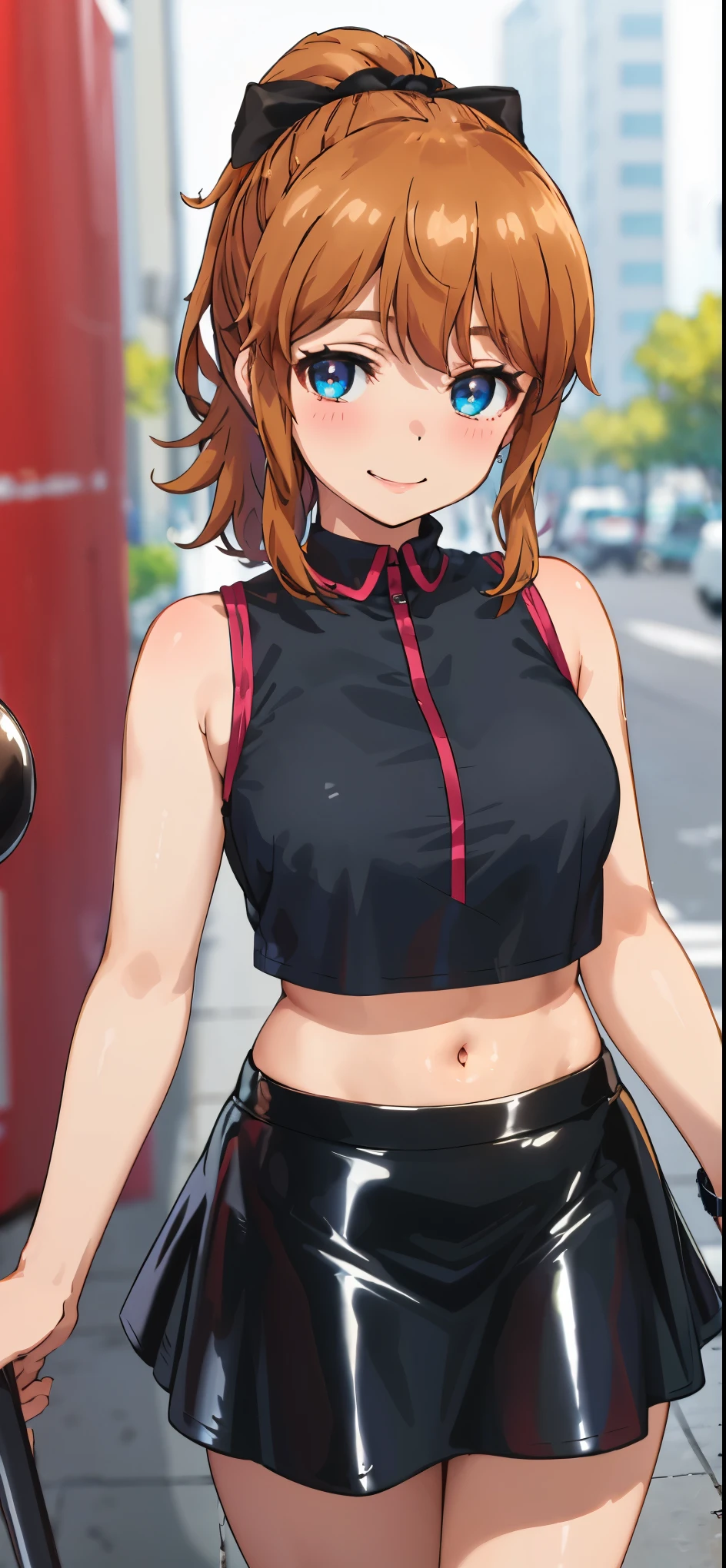 best quality, (masterpiece:1.2), highly detailed, standing, street,
1girl, solo, akatsuki minami,
looking at the viewer, closed mouth, smile, slight blush,
blue eyes, brown hair, ponytail, hair bow, sleeveless, (((dominant girl, latex skirt,cropped latex shirt ))), navel 