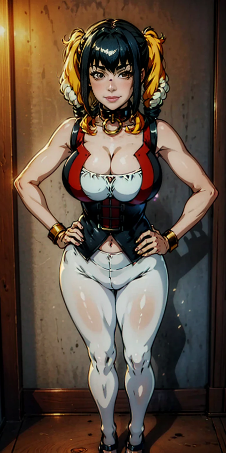 1solo Milf full body standing straight symmetrical, looking at viewer, hands on hips, twin drills twintails, striped pantyhose, golden handcuffs on their hands with a black leather collar around the golden heart necklace, hands on hips, lustful smirking smile face red blushed