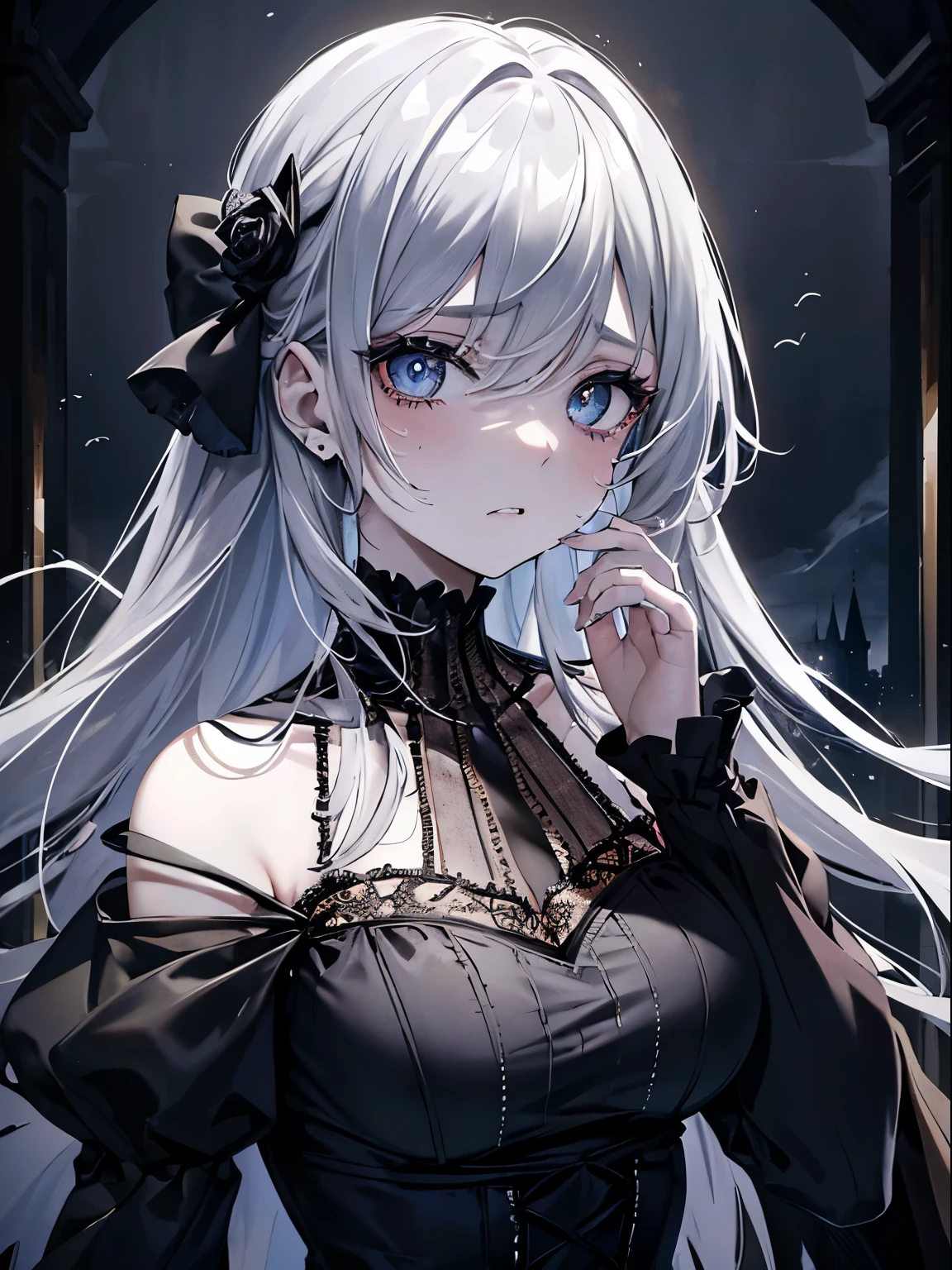 (masterpiece,best quality,Super detailed),1 Girl,Beautiful and detailed face, Delicate eyes,Looking at the audience, Colorful eyes,((Gray Theme),((Frustration, sadness, Melancholy)),gray skin,Tired expression,sad,Swelling of the eyelids,((very close)),cry,Gothic Makeup, There are hairs above the eyes,Eyes covered by hair,A vampire-style castle in the background