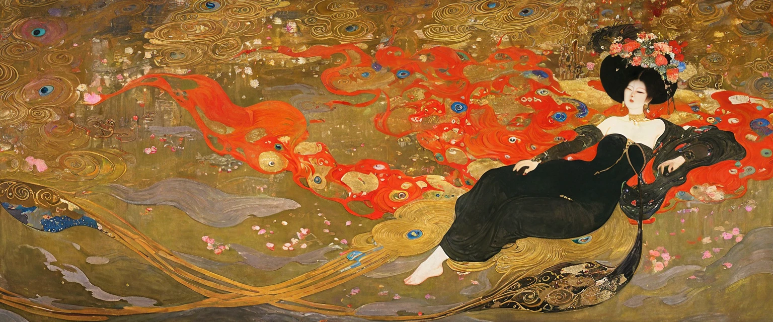 A provocative painting,whole body,flight,Flying,float,Anatomically correct:2,Depicting a girl from hell,float在迷人的红黑色烟云中, embodying the allure and power ,epic ,heightens the theatricality and mystique of her character. ,Otherworldly beauty and glamour., Enhances feminine charm and awesome presence.,Clever use of light and shadow,Adds depth and drama to the scene., Draws audiences into a narrative of dark elegance and intrigue. This masterpiece, Created by the famous painter Gustav Klimt, Delve deep into the realms of fantasy and mythology, Inviting viewers to explore the complexity of beauty, strength, and the mysterious lady from hell. float,float:2