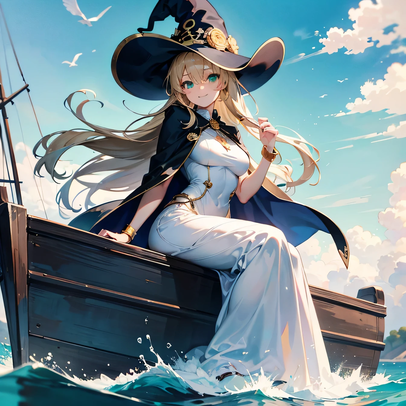 Anime Moe Art Style,highest quality,High resolution,Anatomically correct,One Woman,late ,Delicate and beautiful face,Blonde,Super long hair,Straight Hair,Her hair is straight down,Green Eyes,Super detailed,witch,White hat with gold trim,White cloak with gold trim,Red lining,Black long dress,Long skirt,Medium sized breasts,Smiling,intellectual,A rich expression,Eyes drawn in detail,The wind is blowing,Holding the hat with one hand,sitting on the side of the boat,Daytime,blue sky,pirate ship,On the ship,8K