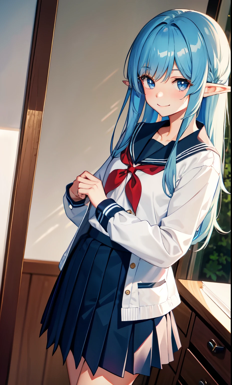 girl、smile、Elf、As Adult、high school student、uniform、Serafuku、(Small breasts)、