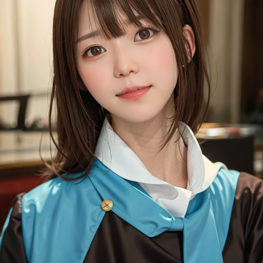 brown hair, hair over shoulder, ponytail, grin, blush, Surrealism, Hyperrealism, Verism, wide shot, UHD, masterpiece, ccurate, anatomically correct, textured skin, super detail, high details, high quality, highres, 1080P, HD, 8k
