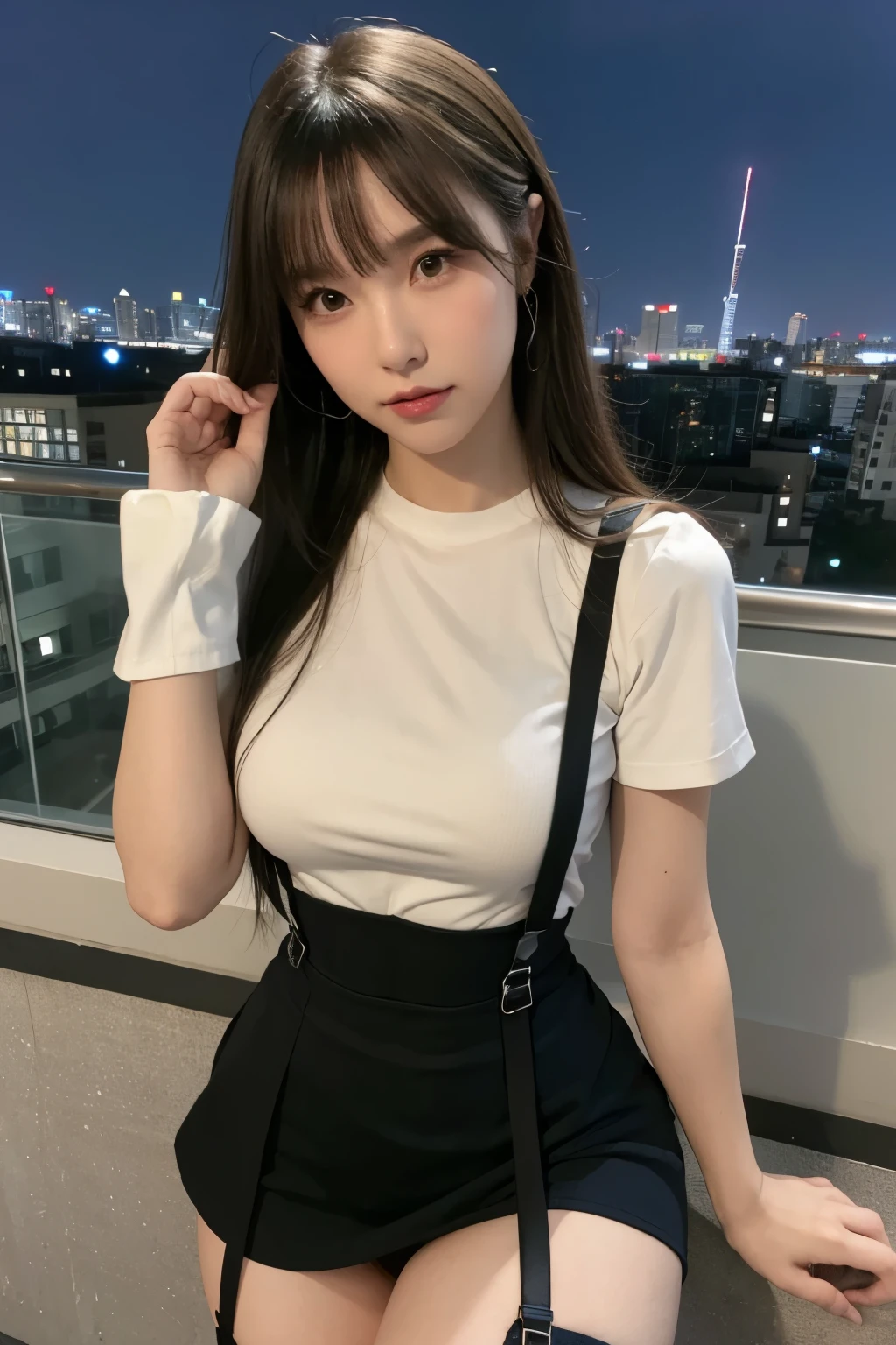 ((Midnight, highest quality, 8k, masterpiece :1.3)), whole body, Long legs, Sharp focus :1.2, Beautiful woman with perfect figure :1.4, Slim Abs :1.1, ((Dark brown hair, Big Breasts :1.2)), (White tight T-shirt, Jean Bib, Are standing:1.2), ((Night city view, rooftop:1.3)), Very detailedな顔と肌の質感, Fine grain, Double eyelids one girl,highest quality,masterpiece,figure,Very delicate and beautiful,CG,Unity,8k wallpaper,wonderful,In detail,masterpiece,Official Art,Very detailed CG Unity 8k wallpaper,Incredibly absurd,Large file size,Very detailedな,High resolution,Very detailed,Beautiful detailed girl,Realistic,from the front,Outdoor, suspenders Large swollen breasts Black mini skirt garter belt Knee-high socks bangs Beauty Hands up Black boots one person Dress shirt Hands Behind Back put your hands behind your back With your hands behind your back Armament holster A room at the Belt Hotel Bed Wall side