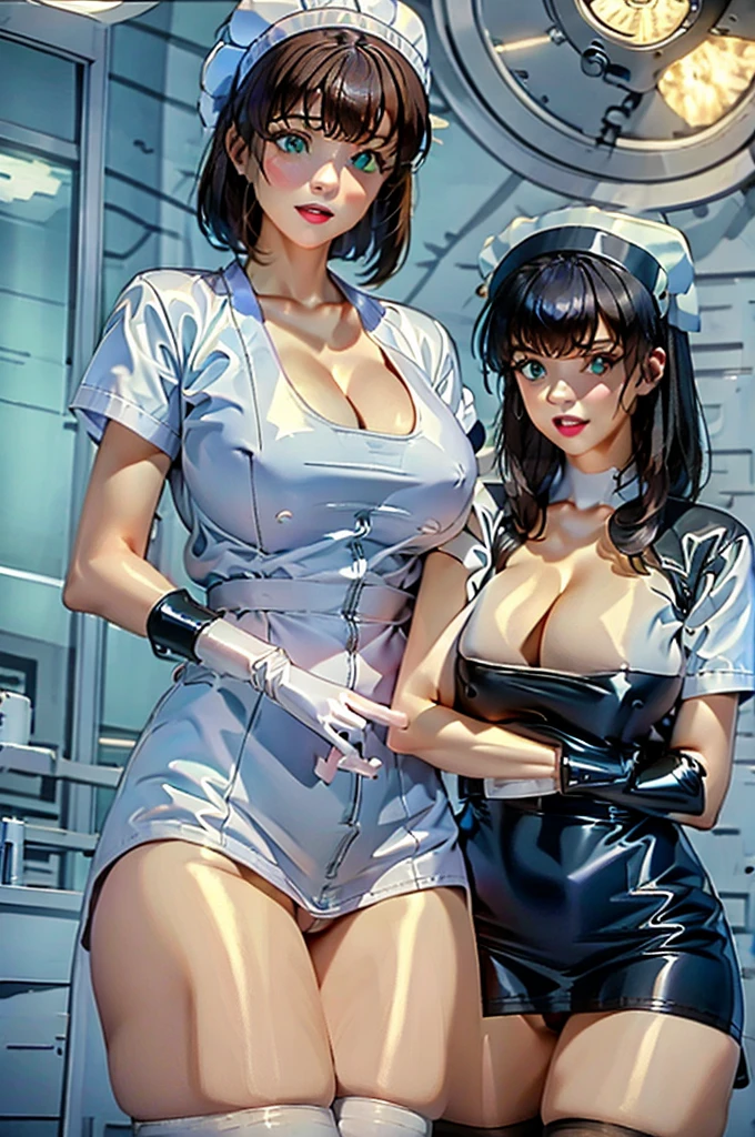 nurse uniform,hospital, latex nurse suit,nurses,busty,elbow gloves,labcoat,dark green hair woman,white eyes , gigantic ,medical instruments,asian nurse,two nurses,speculum,examination room,oversize ,big ass ,strap on, lay on table ,legs spreaded,giving birth,gyno chair , dentist,Milf,latex,green uniform