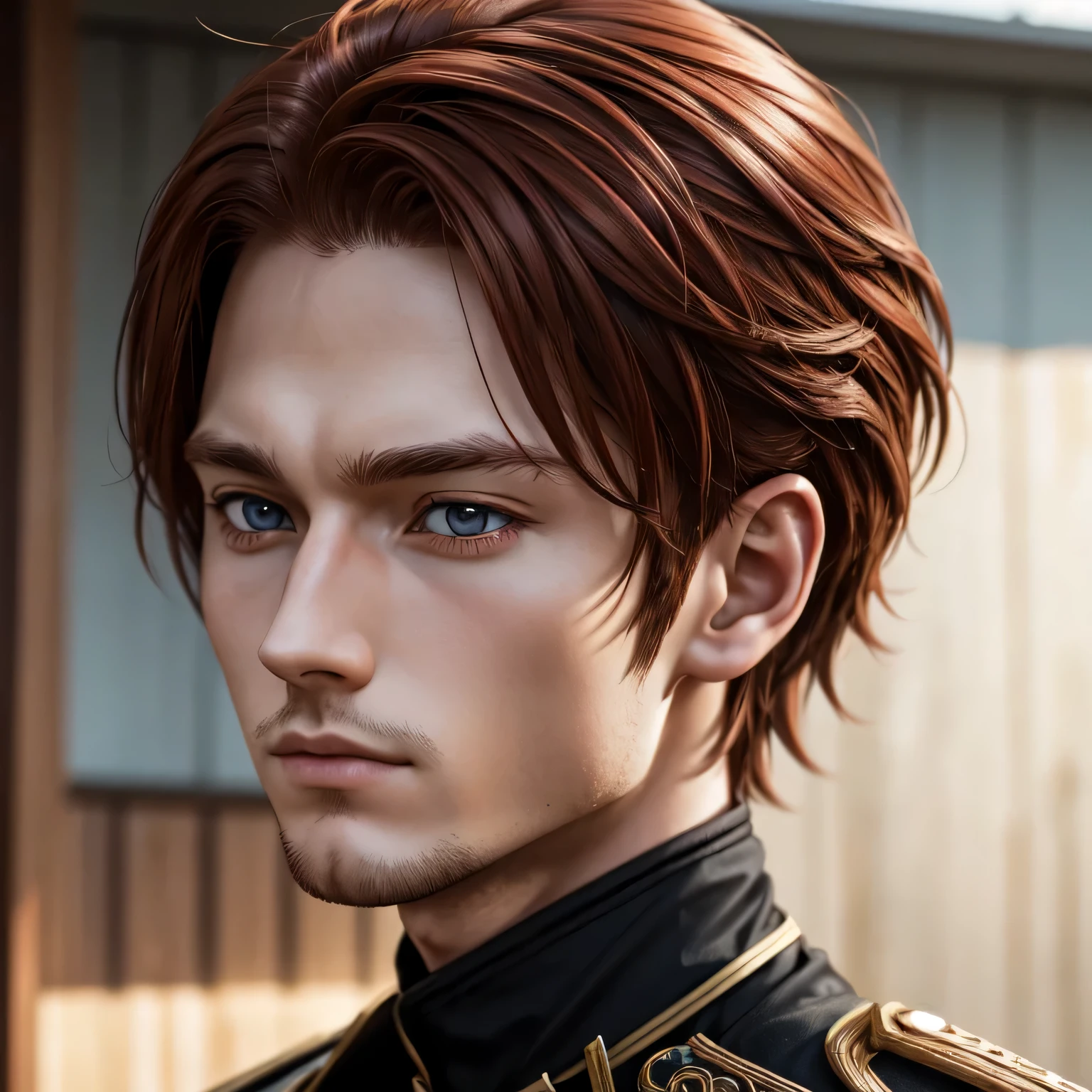 character anime: Wilhem Erikson, 20 years, close up, all intricate details, realistic human, intricate details, red brown hair.