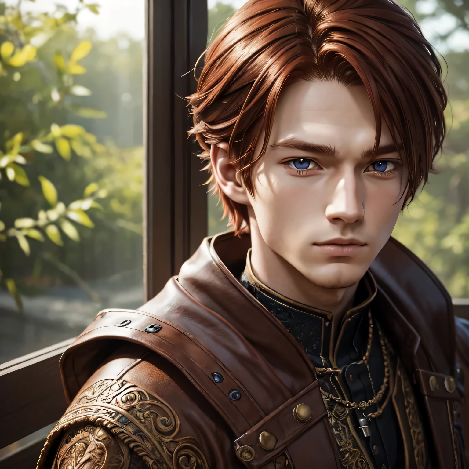 character anime: Wilhem Erikson, 20 years, close up, all intricate details, realistic human, intricate details, red brown hair.