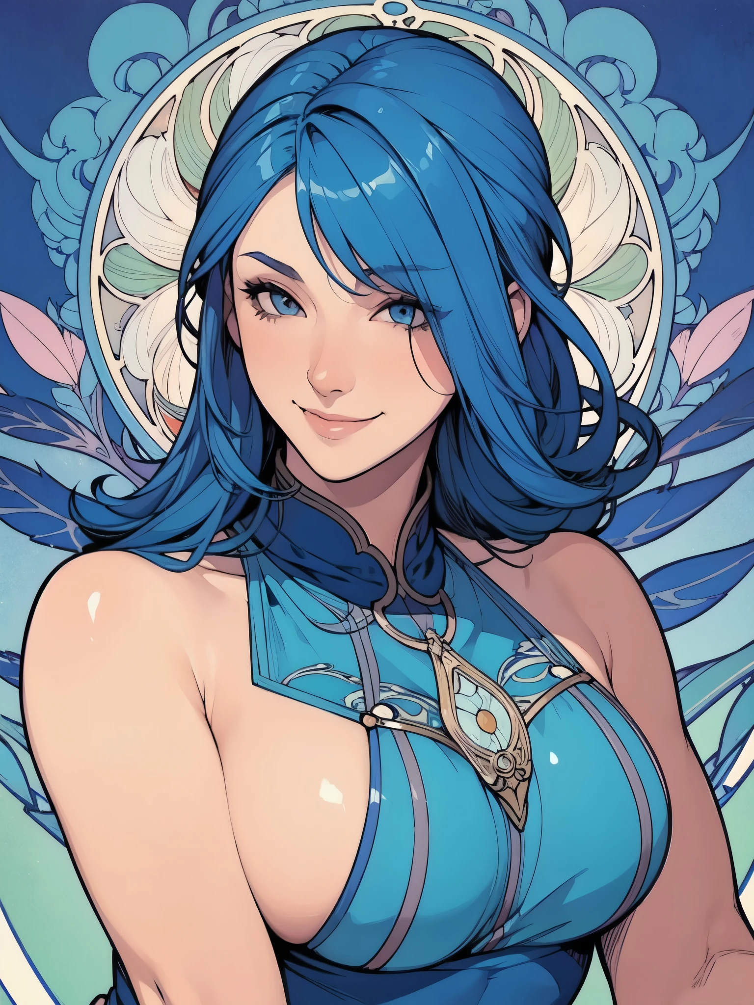 ((Mucha's style)),(vulgar),Big-breasted Woman Warrior,head shot,vulgar smile,blue haired,Stylish hairstylel,muscular woman