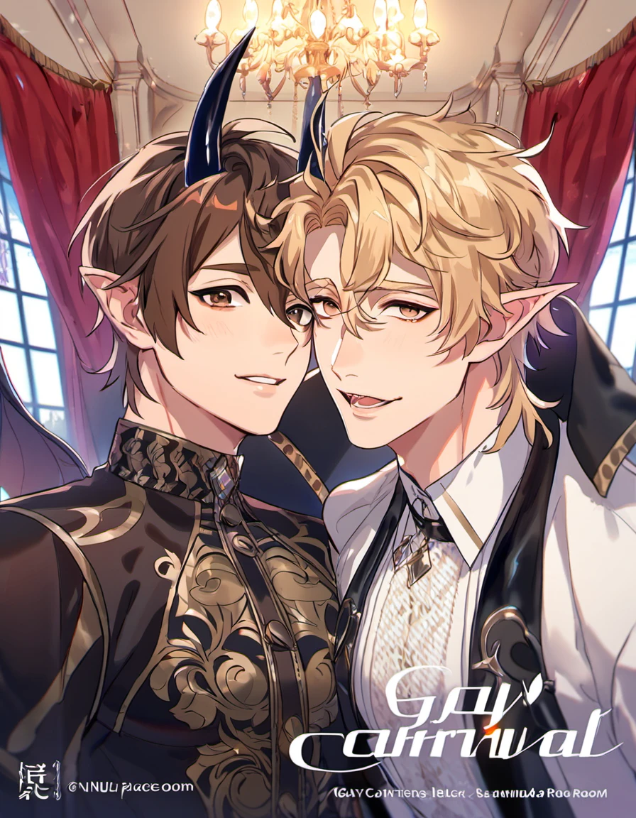 absurdres, highres, ultra detailed, HDR, master piece, best quality, perfect face, beautiful eyes, delicate features, Quincy, blond messy hair, expressive amber eyes, Nu Carnival, Eiden, brown hair, expressive brown eyes, two men together, gay couple, handsome, fantasy demon black leather clothes, patterns, black horns, pointy ears, devil tail, red curtains, castle room, window, moon, chandelier