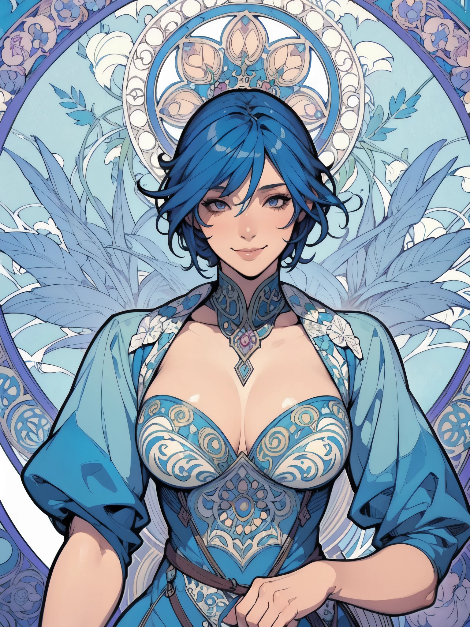 ((Mucha's style)),(vulgar),Big-breasted Woman Warrior,head shot,vulgar smile,blue haired,Stylish hairstylel,muscular woman
