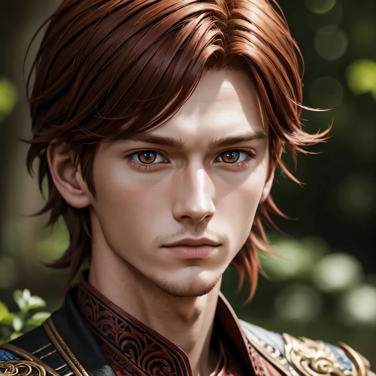 character anime: Wilhem Erikson, 20 years, close up, all intricate details, realistic human, intricate details, red brown hair.