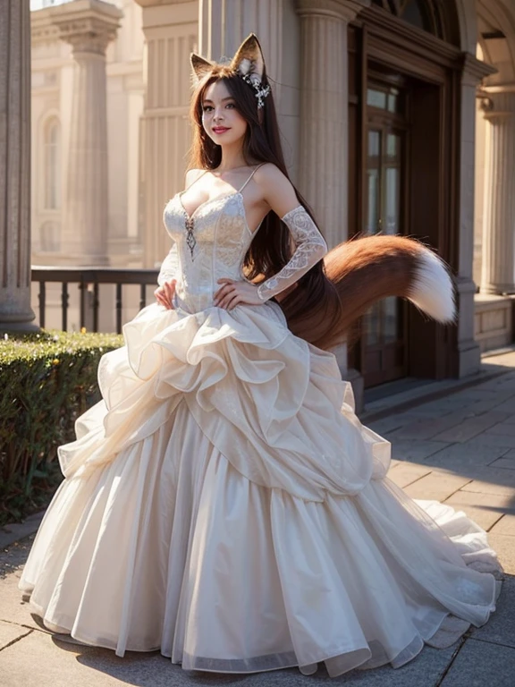 ((highest quality, 32k)), ((masterpiece)), (Familiar), Perfect Face, Fox Girl, Beautiful woman, public, It has a tail, She has a fluffy tail, She has a fox's tail, She wags her tail, smile, She is wearing a dress, Beautiful Hips, Big Breasts , Big tail, A tail sticks out from the dress
