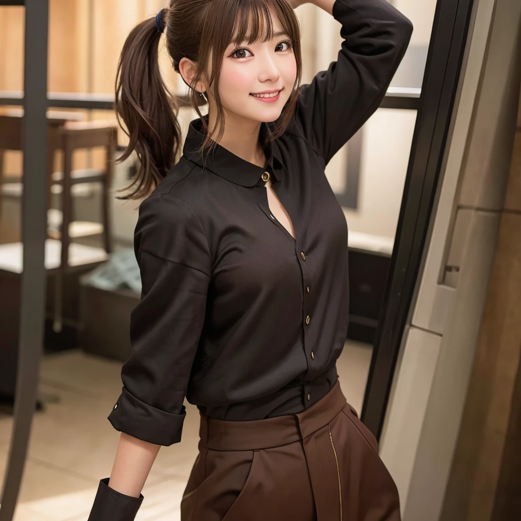 brown hair, hair over shoulder, ponytail, grin, blush, Surrealism, Hyperrealism, Verism, wide shot, UHD, masterpiece, ccurate, anatomically correct, textured skin, super detail, high details, high quality, highres, 1080P, HD, 8k